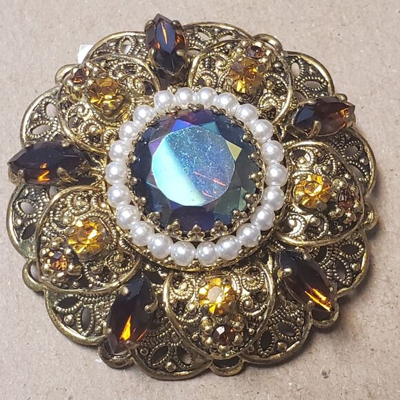 Vtg West Germany Aurora Borealis Amber Topaz Rhinestone Faux Pearl Brooch Set - Picture 8 of 16